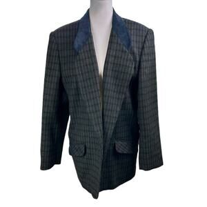 Vintage David N Blazer Wool Plaid Suede Collar Size 14 Black Green Dark Academia